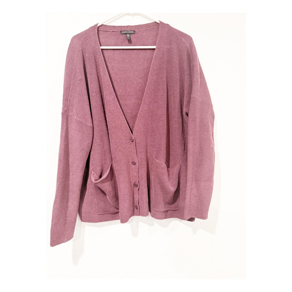 Eileen Fisher Womens XL Mauve Pink Ribbed Knit Button Front Pocket Cardigan